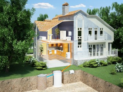 Installationsschema der Fast-Kläranlage mit Filterschacht Schema der Kläranlage mit Drainageschacht