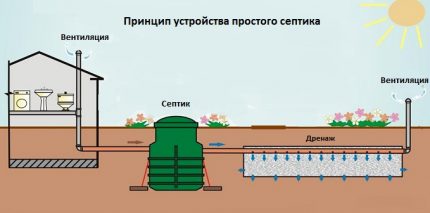 Схема на устройството на септик-утаител с инфилтратор Разположение на септика