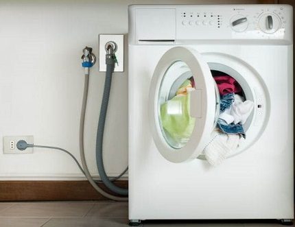 Die Waschmaschine ist an die Versorgungsleitungen angeschlossen.