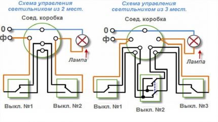 Схема за управление на осветлението от 2 и 3 места