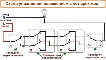 Схема за управление на осветлението от 4 места