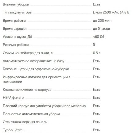 Таблица на техническите характеристики