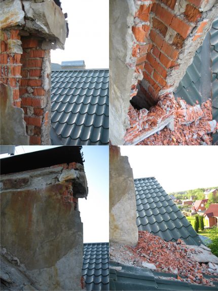 Alter gemauerter Schornstein Zerstörung des gemauerten Schornsteins
