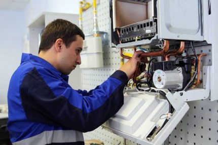 Представител на газовата служба ремонтира котела.