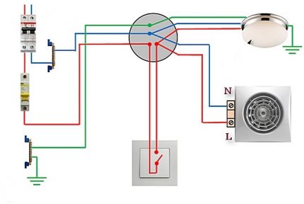 Schaltplan für den Anschluss von Ventilator und Glühlampe an einen Ein-Tasten-Schalter